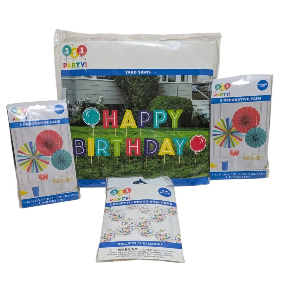 Birthday Party Decorations Bundle Yard Sign Balloons Decorative Fans Colorful